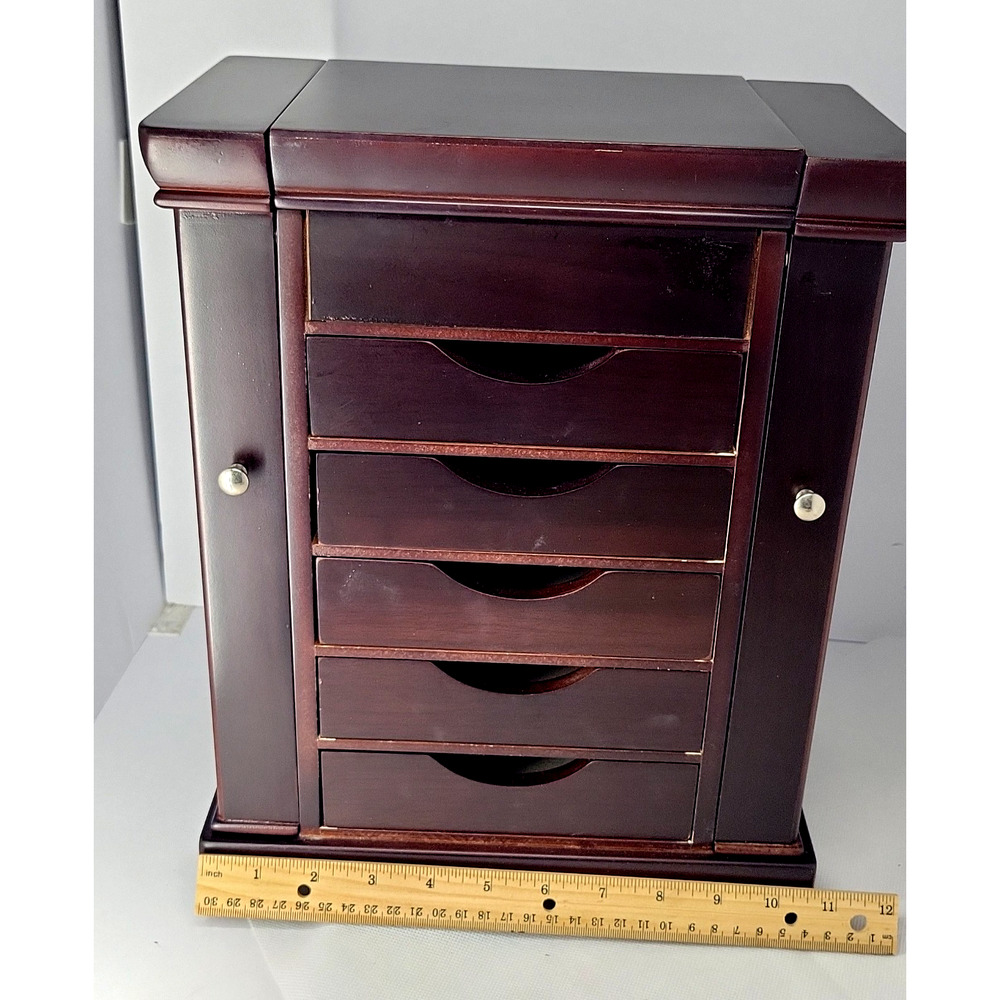 Large Wood Jewelry Box Armoire Mirror 5 Drawers Side Doors Necklace Storage - Picture 2 of 8